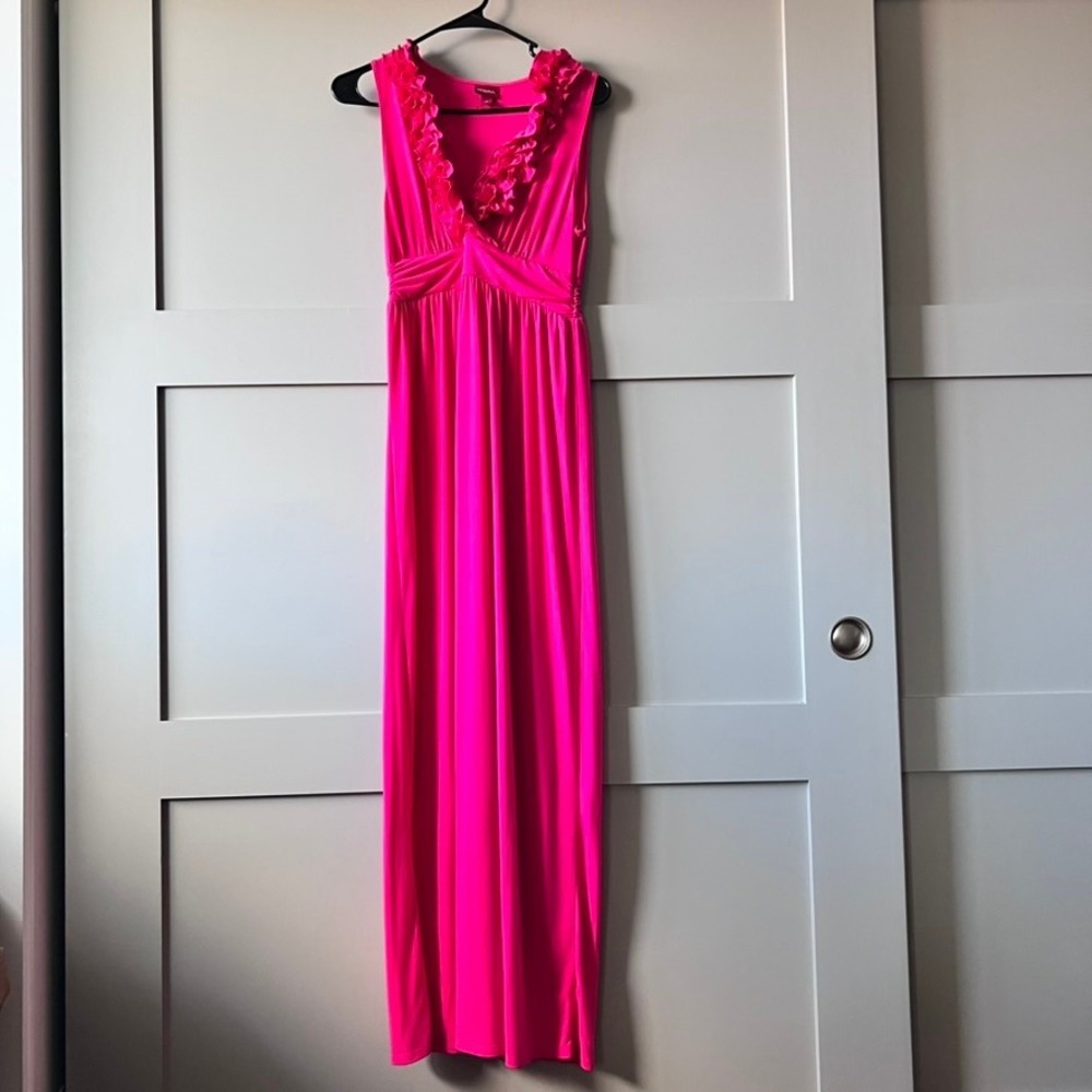 Merona Hot Pink Ruffle Neck Maxi Dress Women Size S Sleeveless‎ Flowy